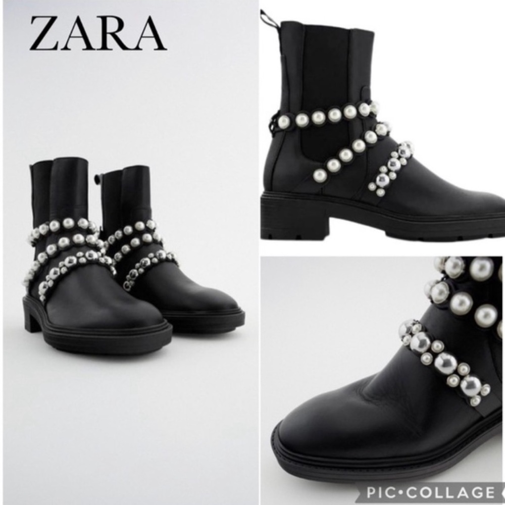 NWT ZARA BLACK PEARL STRAP LOW HEELED LEATHER BOOTS US 7.5 EU 38